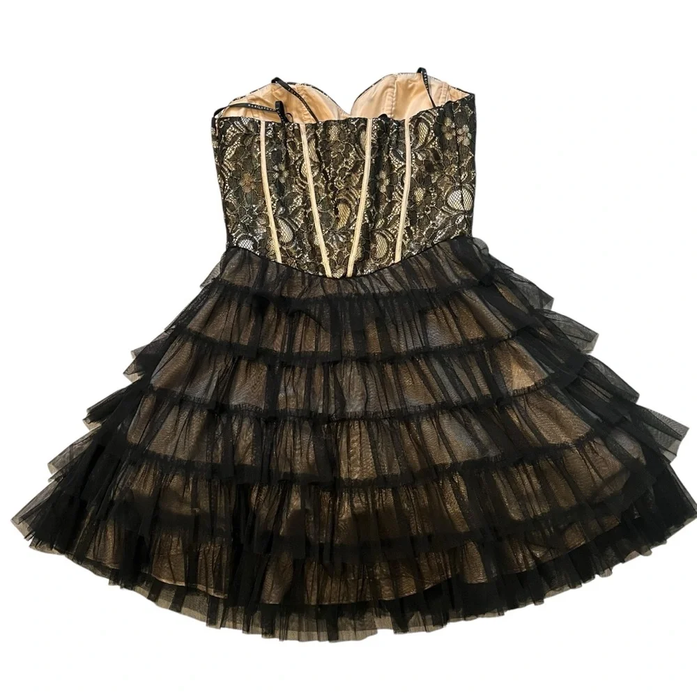 Vintage 90s Masquerade Strapless Black Gold Tiered Tulle Tutu Skirt Dress,Sz 5/6 - Picture 2 of 15